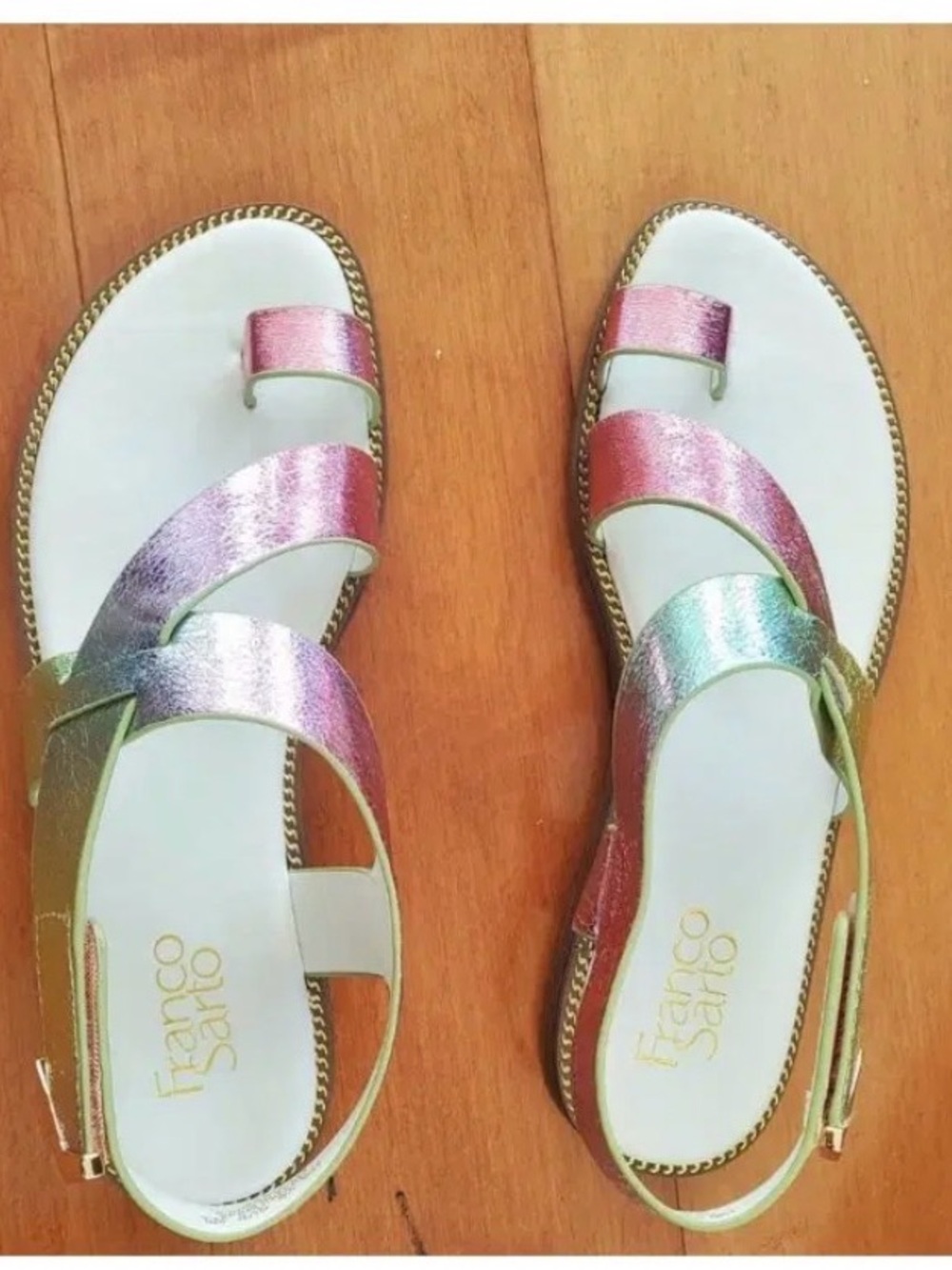 Franco Sarto Iridescent Pink Green Metallic Strappy Sandals